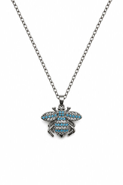 Jack Ferrero Gray Steel Necklace with Bee Figure and Turquoise Stone