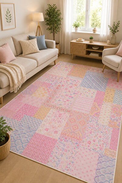 DOREM Pastel Pembe Çiçek Desenli Salon Halısı Kaymaz Taban Dijital Baskı Deko...