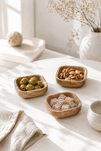 Anadolu Saray 3 Pieces Natural Acacia Square Bowl Set Breakfast Snack Bowl Pr...