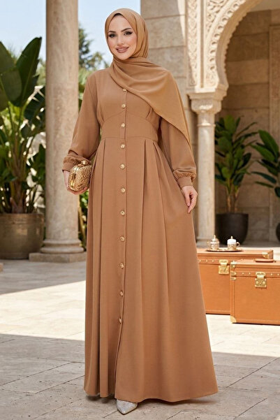 Neva Style Buttoned Crepe Biscuit Hijab Abaya Dress 10191Bs