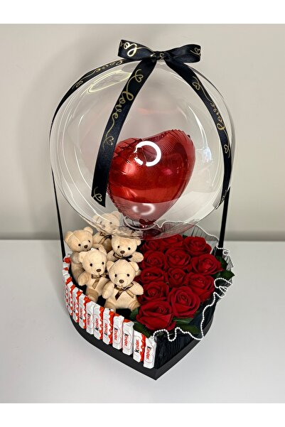 1inci Organizasyon ve Balon Kadife Güllü Kinder Çikolatalı Mini Ayılı Kutu Ar...