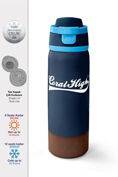 Coral High Navy Blue Brown Thermos with Straw and Direct Drinking Steel Cup 8...