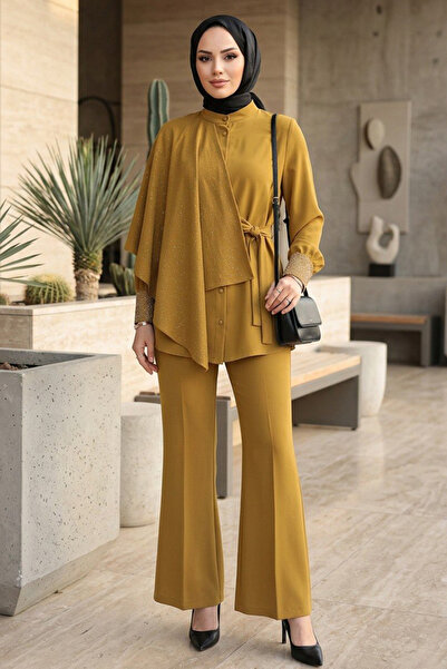 Neva Style Set dublu verde ulei cu pelerină brodată cu pietre crepate 95729YY