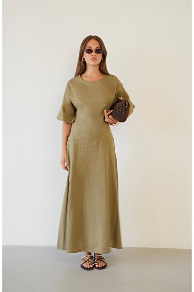 Myra Fashion Keten Maxi Elbise Yuvarlak Yaka Kısa Kollu Rahat Kalıp Uzun Elbise