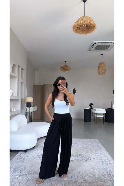 Buket Teke Siyah Önden Pileli Oys Model Dökümlü Pantolon