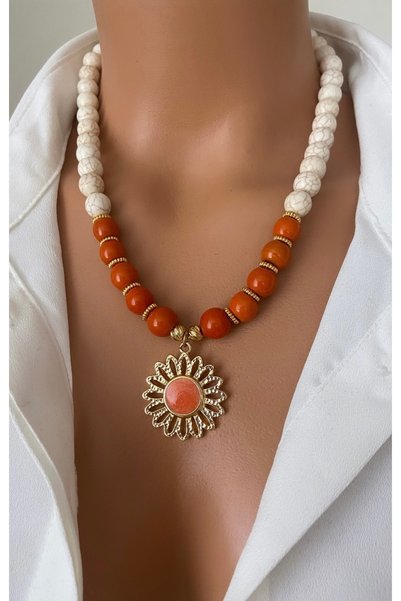 TARZ-I TAKI Natural Stone 10 mm Cream Coral Orange Bodrum Beads Flower End Pendant