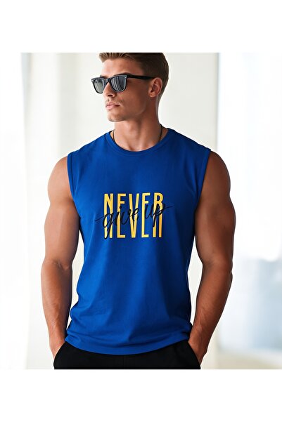 caddekombin Men's Never Give up Written Zero Sleeve Round Neck Saks Blue Spor...