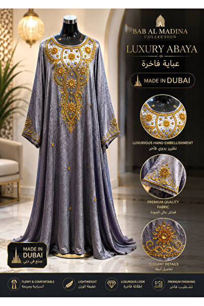 Bab almadina collection Bab Al Madina Luxury Gray Abaya Dress with Gold Hand ...