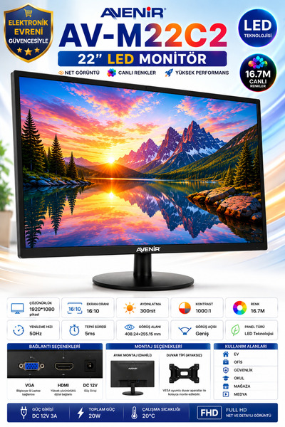 AVENİR 22 inç LED monitör / monitör / HDMI VGA monitör / bilgisayar monitörü ...