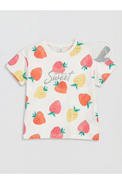LC Waikiki تي شيرت LCW Kids Ecru للفتيات مطبوع باللون الفضي