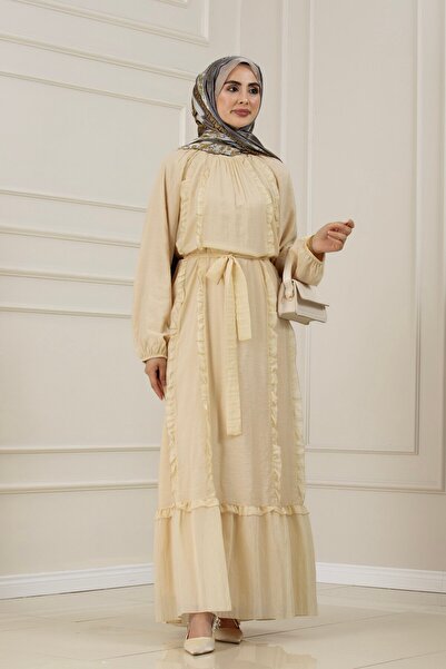Sevitli Ruffle Detailed Belted September Dress-Beige