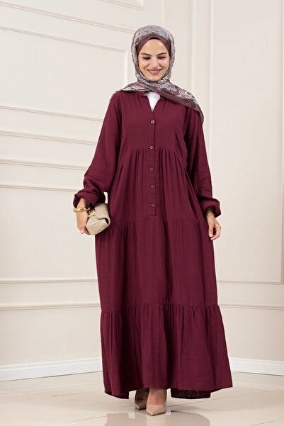 Sevitli Muslin Fabric Robalı İvana Dress-Bordo