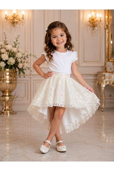 BALİS PİJAMA Girl's Floral Embroidered Fluffy Lace Birthday Skirt Stylish Flo...
