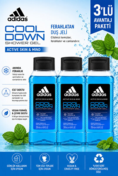 adidas Active Skin & Mind Cool Down Duş Jeli 250 ml - Ferahlatıcı Bakım X 3 Adet