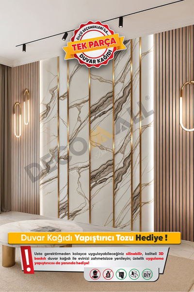 DECOMALL (TV-21) TV Arkası Duvar Kağıdı Tek Parça 3D Çita Mermer Görünümlü Sa...