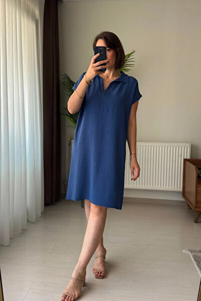 Kubos Moda Polo Collar Relaxed Fit Short Sleeve Flowy Blue Dress