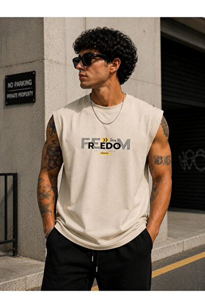 caddekombin Zero Sleeve Unisex Freedom Printed Cotton Combed Crew Neck T-Shirt