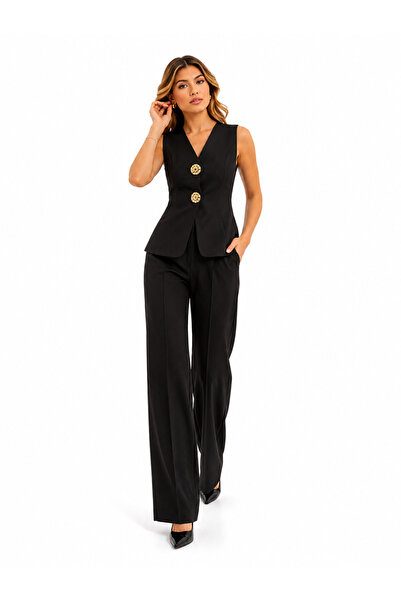 Rabona Fashion Monarch Elegance Gold Button Detailed Vest & Wide-Leg Pants Set