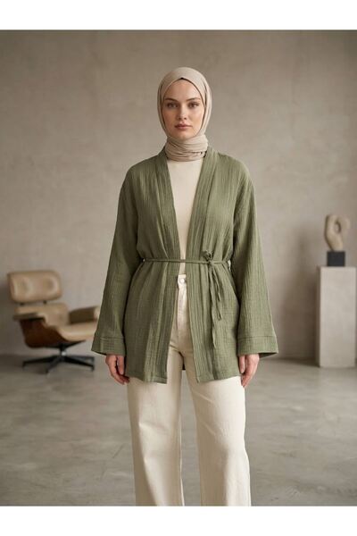 Generic Brand Collar Band Muslin Cardigan-Khaki