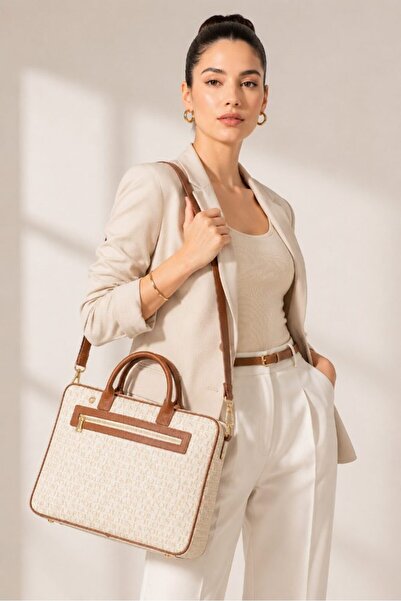 Just Polo Women's Hand and Shoulder Bag Monogram Printed Cream-Tan