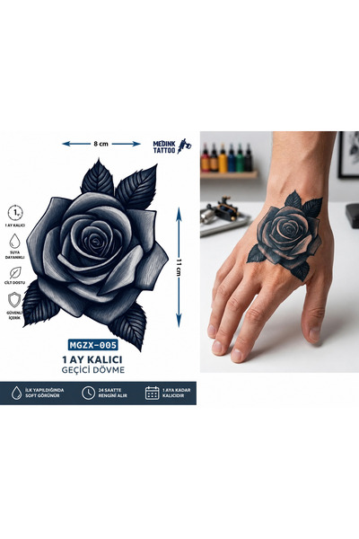 medink tattoo 1 Ay Kalıcı 24 Saat Sonra Kararan El üstü Gül Model Geçici Dövm...