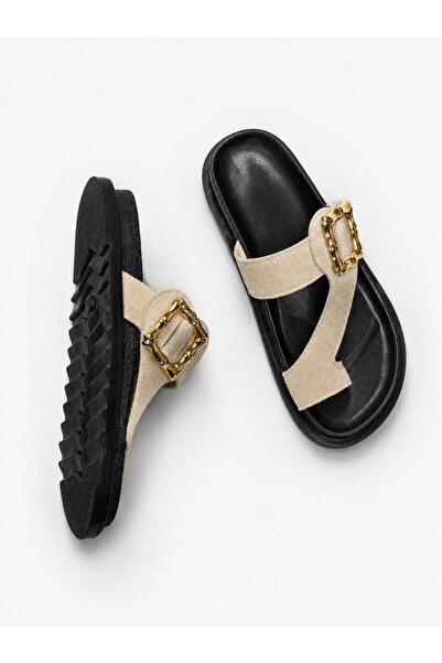 redtan Women's Cream Flip Flops with Gold Buckle, Orthopedic Comfortable Dail...