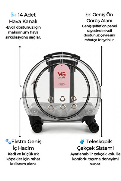 VİGİ STORE VG Premium XL Çekçekli Kedi Taşıma Valizi | Şeffaf Astronot Kedi &...