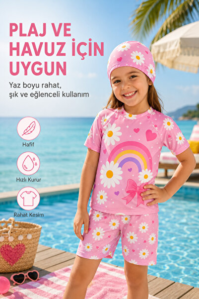rony pony kids Kız Çocuk Papatya Desenli 3’lü Plaj Takımı Şortlu Mayo Seti Bo...