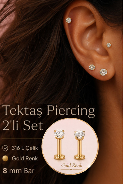 Sacce Scarves&Accessories Tektaş Piercing 2 Adet 316L Çelik Zirkon Taşlı Trag...