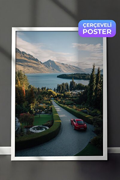 Postifull Plakat sa crvenim automobilom i planinskim pejzažom, plakat sa beli...
