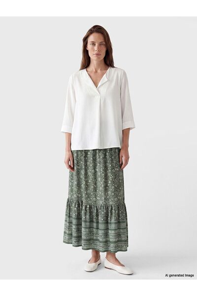 LC Waikiki Lcw Grace Khaki Elastic Waist Floral Ruffle Skirt