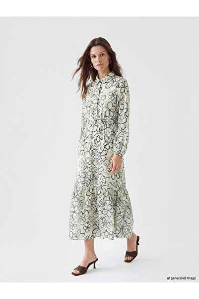 LC Waikiki Lcw Modest Green Shirt Collar Floral Waist Fit Dress
