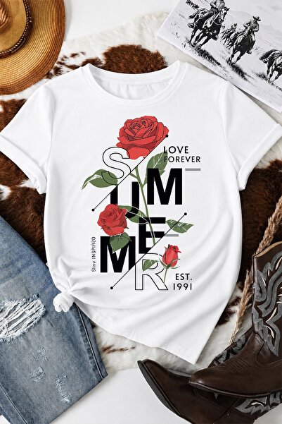 Spoyi Rose Forever dizajnirana 100% pamučna polu-oversize bela majica