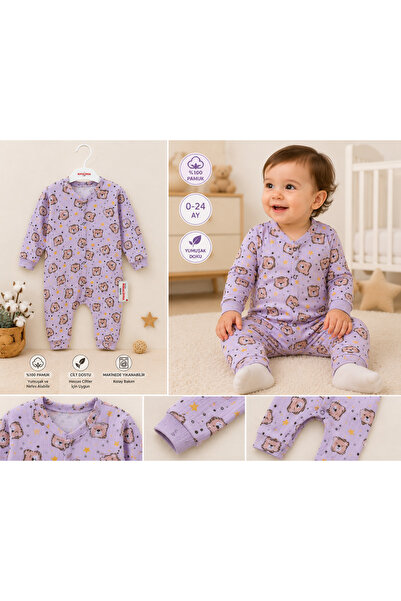 Genel Markalar Unisex Bebek Uzun Kollu Çıtçıtlı Tulum Lila Aslan Desenli Pamu...