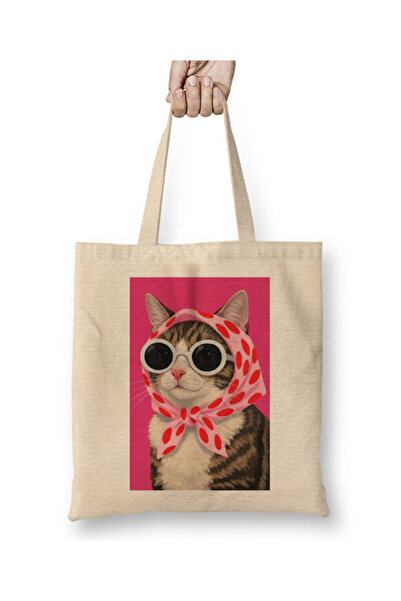 Toyaso Cat with Scarf Cat Funny White Tote Bag Long Handle Shopping Bag Beach...