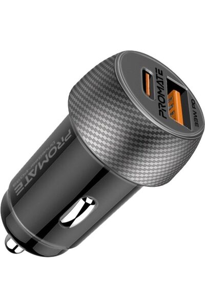 Promate USB-C Car Charger, Ultra-Compact Dual Port Car Adapter with Super-Fas...