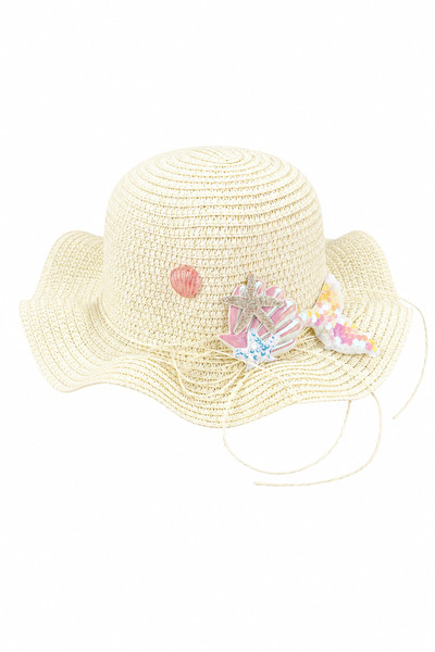 bebegen Girl's Cream Color Sequined Seashell Straw Fedora Hat 1-4 Years Old