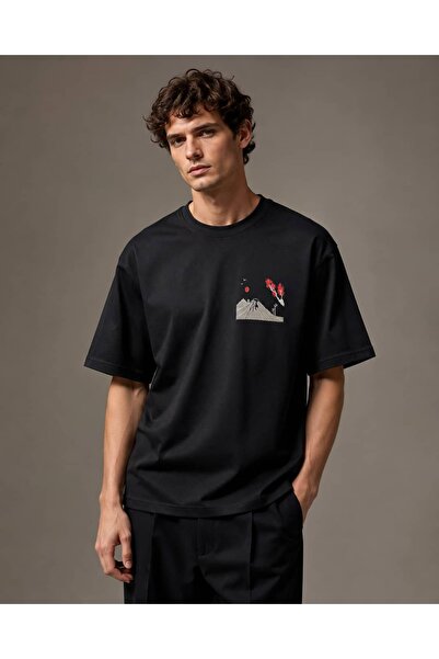 CANMODA Men's Black Oversize Japanese Landscape and Mountain Printed 100% Cot...
