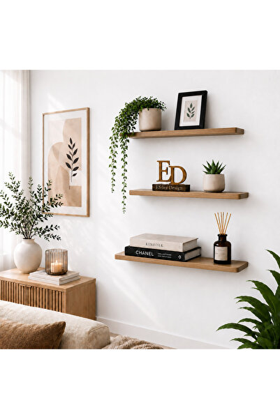 ED Efelez Design 3'lü Duvar Rafı, Gizli Monte Dekoratif Uçan Raf, 60x18 Cm Ge...