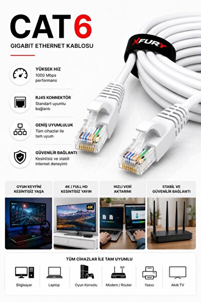 FURY CAT6 Ethernet Kablosu 20 Metre RJ45 LAN İnternet Modem Router Bilgisayar Kablosu
