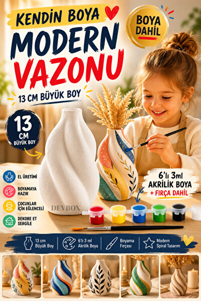 devhome Kendin Boya Dekoratif Vazo Seti 13 cm | Akrilik Boya ve Fırça Dahil |...