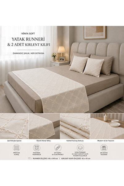 NINFA SOFT Süzene Nakışlı yatak Runneri ve Kırlent takımı