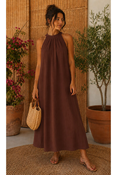 legends butik Women's Halter Neckline Gathered Detailed Linen Maxi Dress