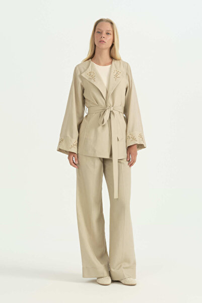 Nihan Embroidery Detailed Belted Linen Jacket - Beige