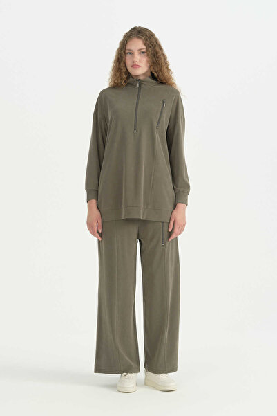Nihan Zipper Detailed Oversize Trousers Tunic Set - Khaki