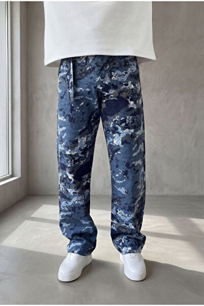 MENOFOURSWEAR Men's Belt Detailed Camouflage Patterned Linen Baggy Trousers