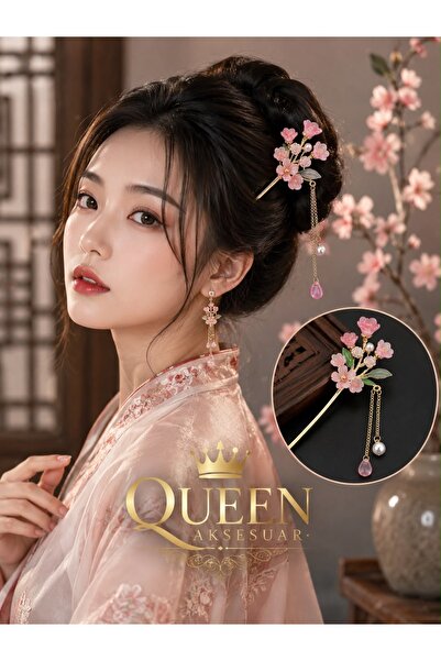 QUEEN AKSESUAR Chinese Hairpin Gold Pink Rose Flowered Stone Pearl Chain Pend...