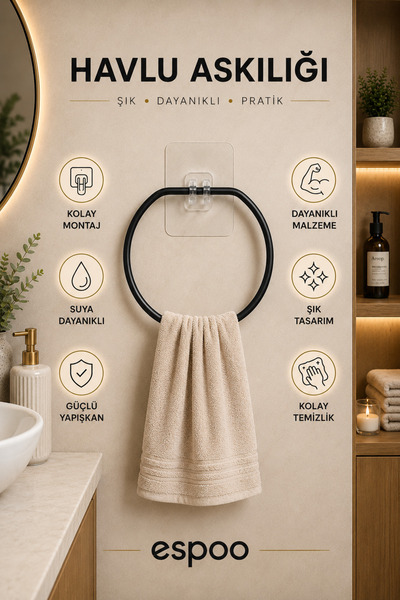 Espoo Design Ömür Boyu Paslanmaz Siyah Yapışkanlı Havluluk Banyo Askısı Banyo...