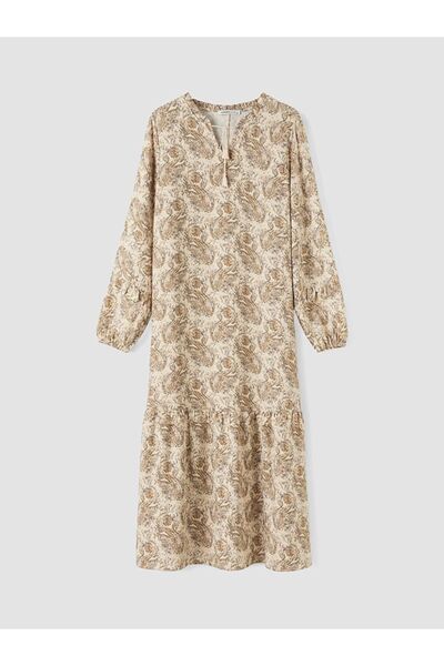 LC Waikiki Lcw Grace Beige Tie-Neck Patterned Dress