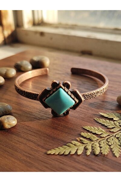 Meneva Aksesuar Turquoise Natural Stone Special Design Adjustable Copper Brac...